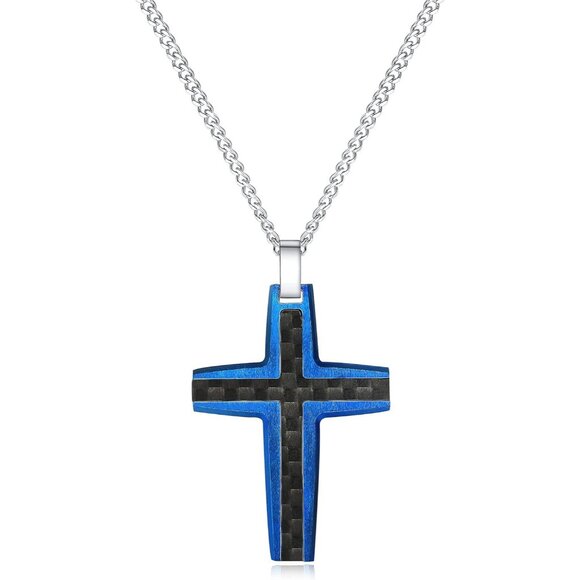Men's Stainless Steel Two-Tone Black & Blue Carbon Fiber Cross Necklace - Picture 1 of 7
